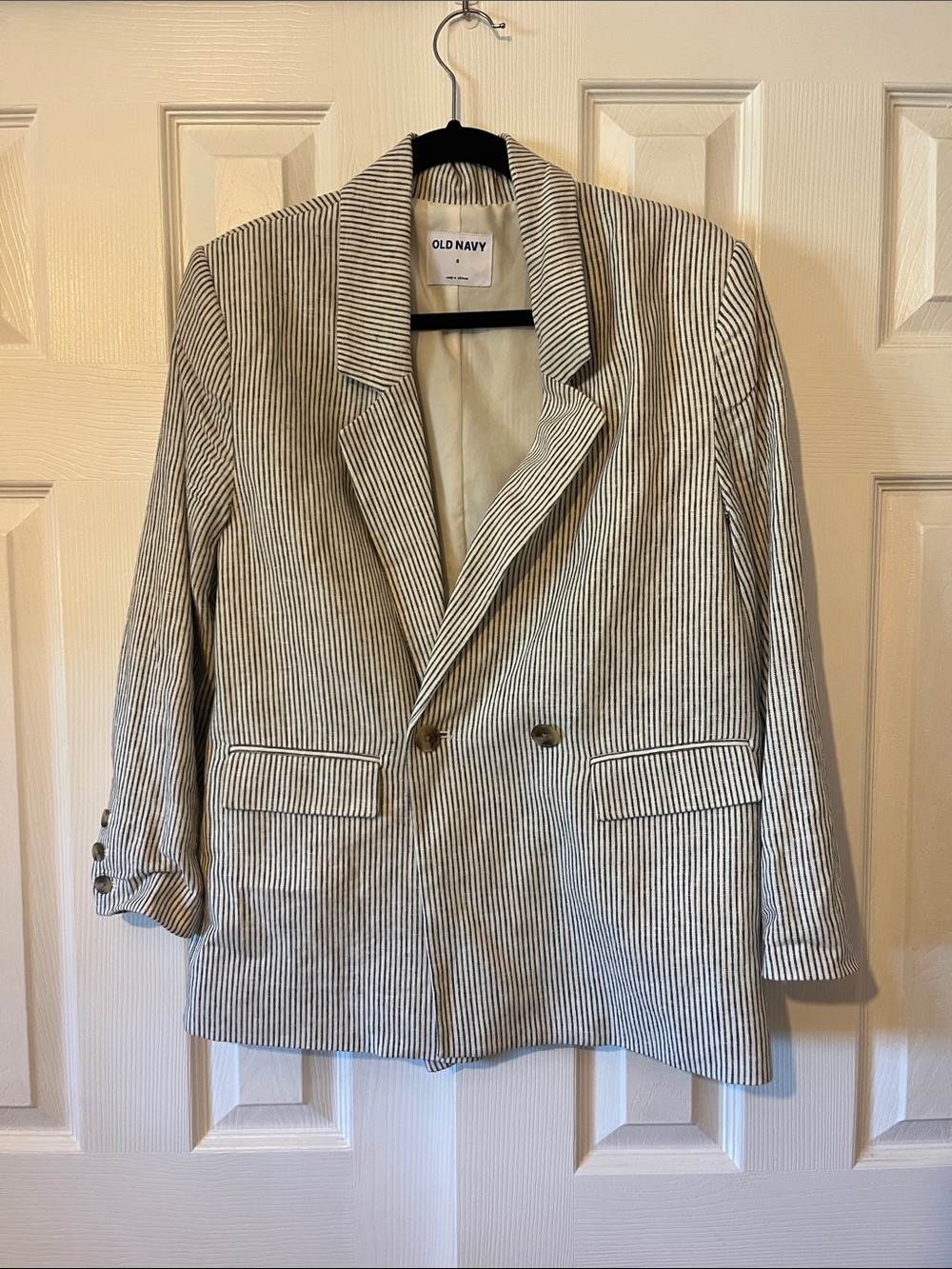 Old Navy Women’s Blue and White Pinstripe Double-Breasted Blazer Size Small